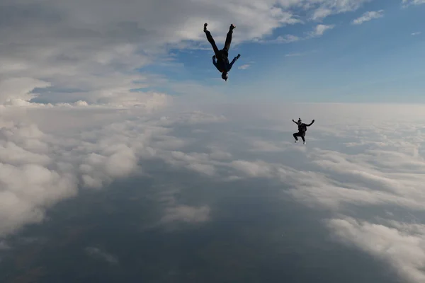 Skydiving Hoppa Fritt Två Killar Faller Ner Skyn Huvudet Upp — Stockfoto