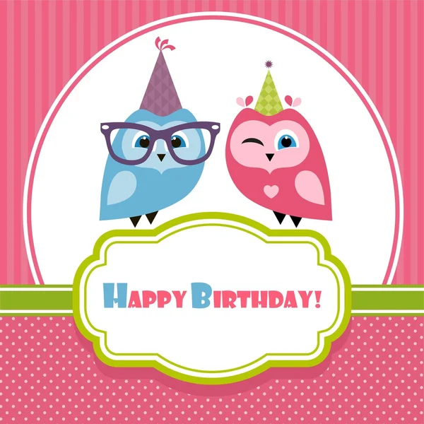 Doğum günü kartı ile iki baykuş — Stok Vektör