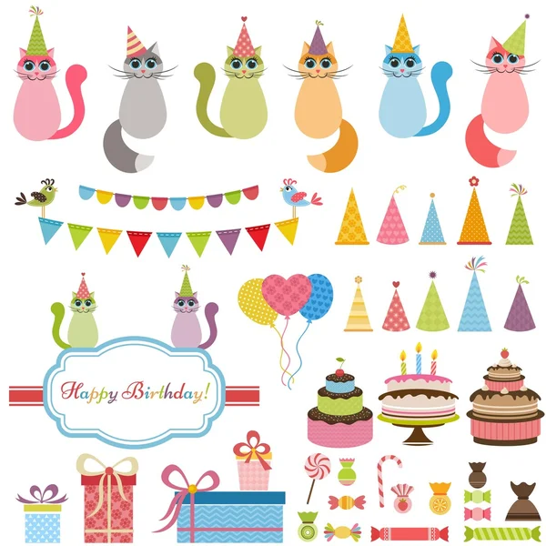 Birthday party elements and cats — Stock Vector