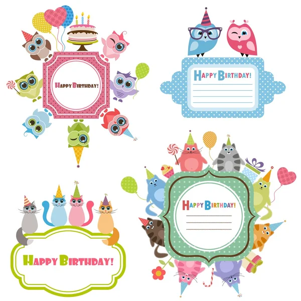 Birthday frames with owls and cats — Stock Vector