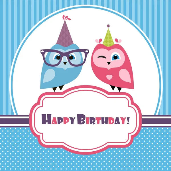 Blue birthday card with two owls — Stock Vector