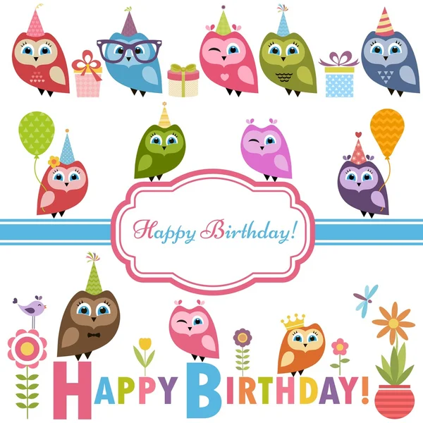 Cute owlets and owls on Birthday party — Stock Vector