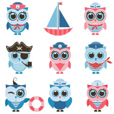 denizci baykuşlar ve owlets seti