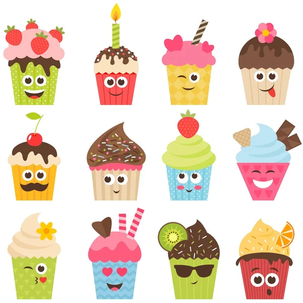 Conjunto de smileys cupcake —  Vetores de Stock