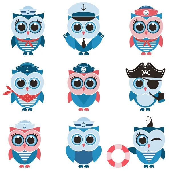 セーラーのフクロウと owlets のセット — ストックベクタ