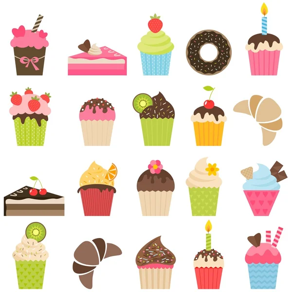 Conjunto de cupcakes e pedaços de bolo — Vetor de Stock