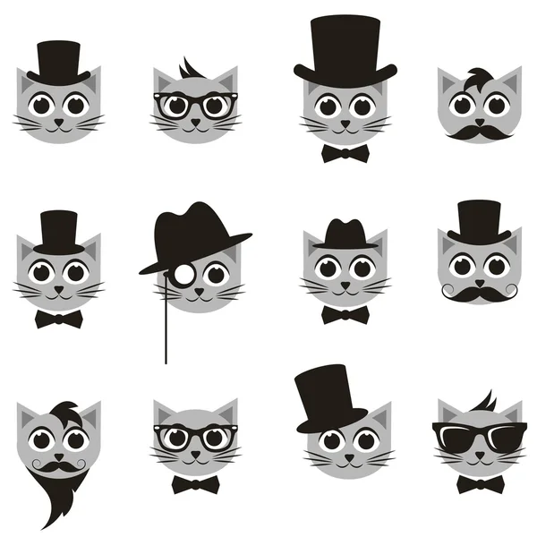 Retro gentleman en hipster kat pictogrammen instellen — Stockvector