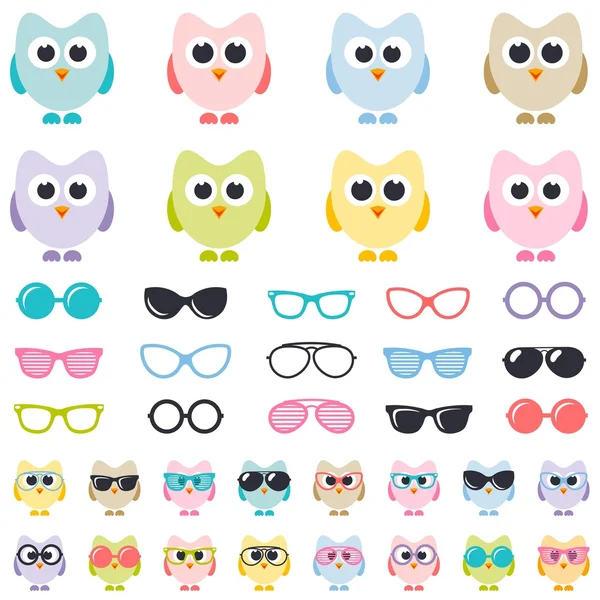 Conjunto de búhos de colores con gafas de sol — Vector de stock