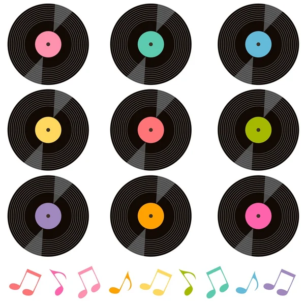 Set di dischi in vinile e note musicali — Vettoriale Stock