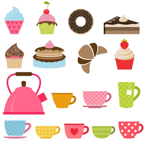 Deliciosos pasteles, cupcakes y tazas de té — Vector de stock