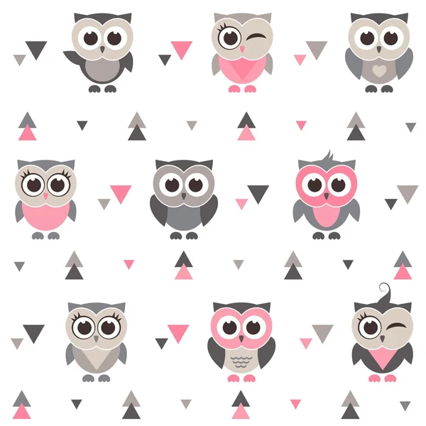 Mönster med ugglor, owlets och trianglar — Stock vektor