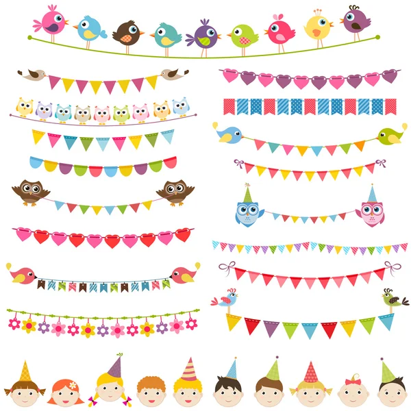 Colorful flags, garlands set and kids — Stock Vector