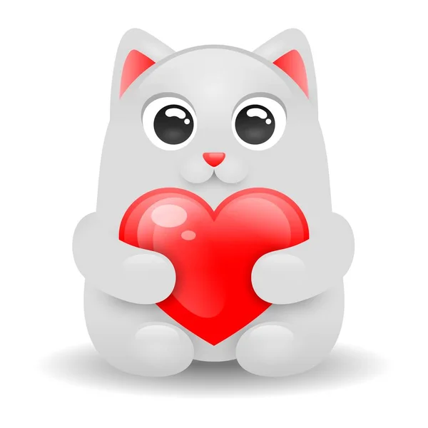 Chat mignon blanc avec coeur rouge sur fond blanc — Image vectorielle