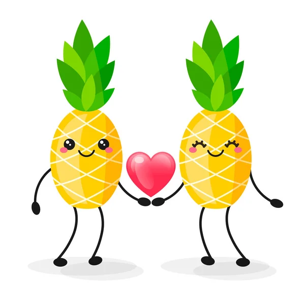 Mignon couple d'ananas sur fond blanc. Kawaii personnage drôle — Image vectorielle