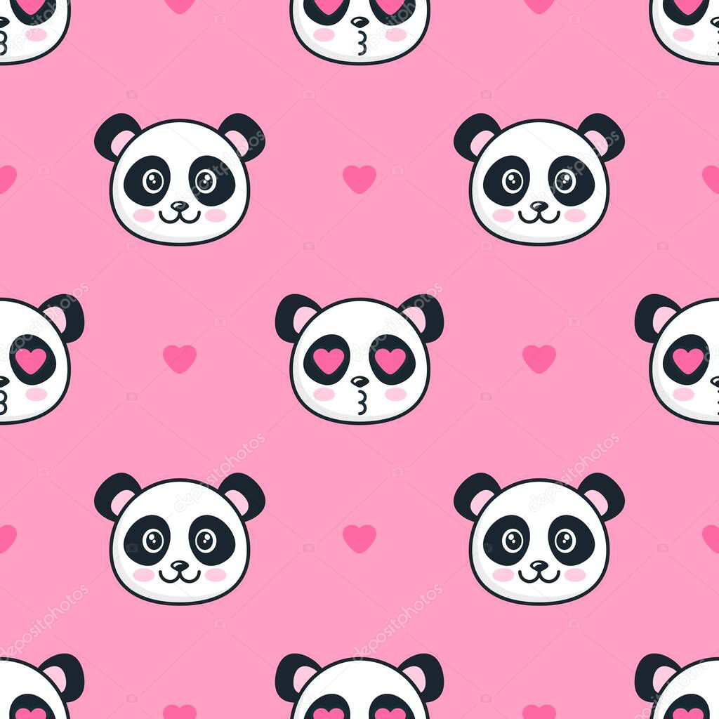 Seamless pattern with panda bears and hearts
