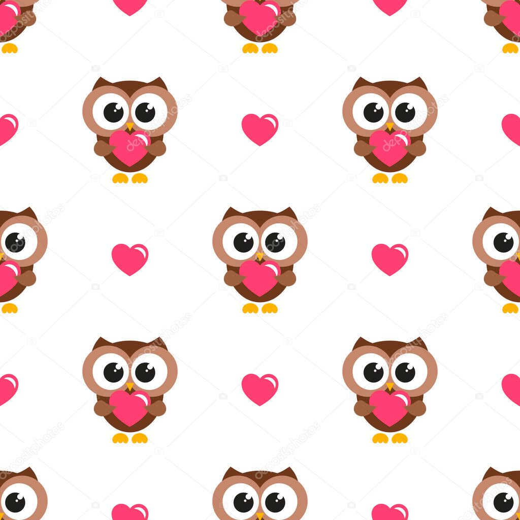 Seamless pattern with brown owls and hearts