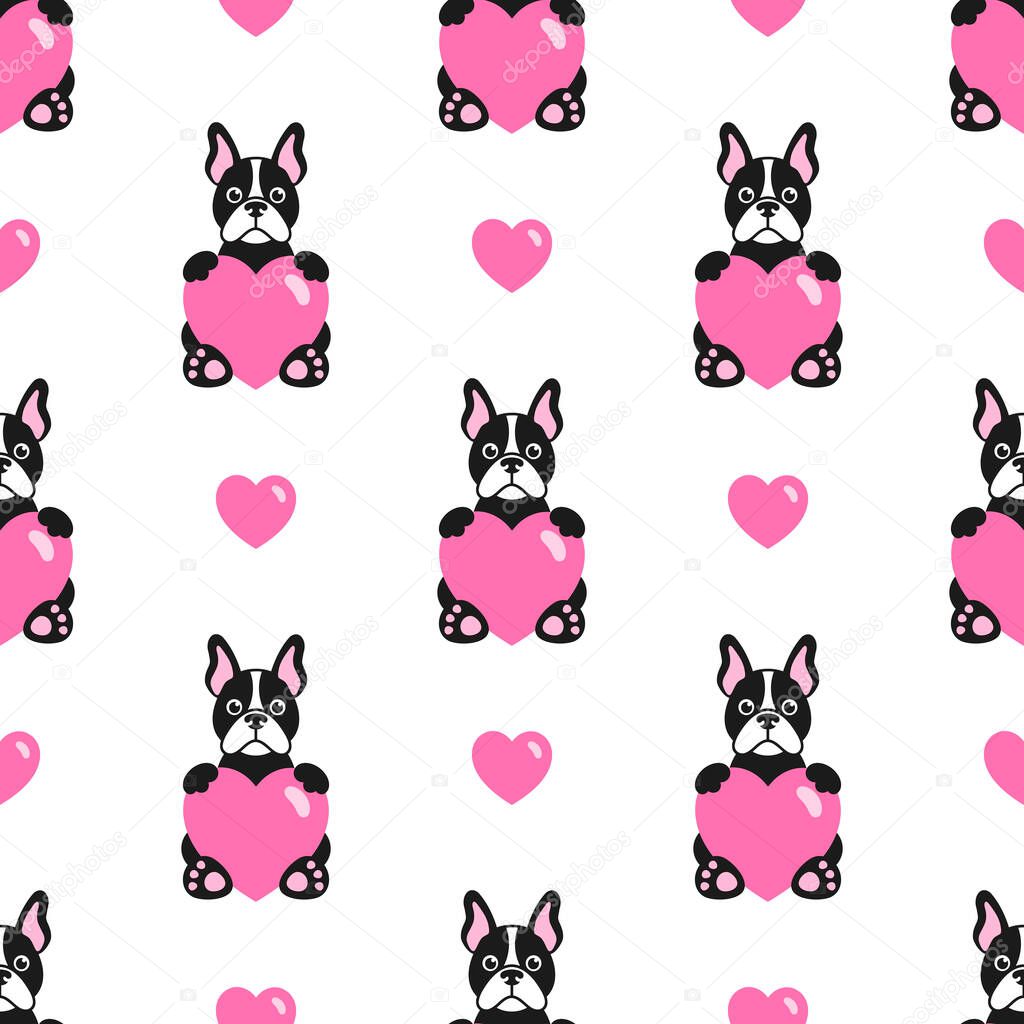 Seamless pattern with cute bulldogs and hearts