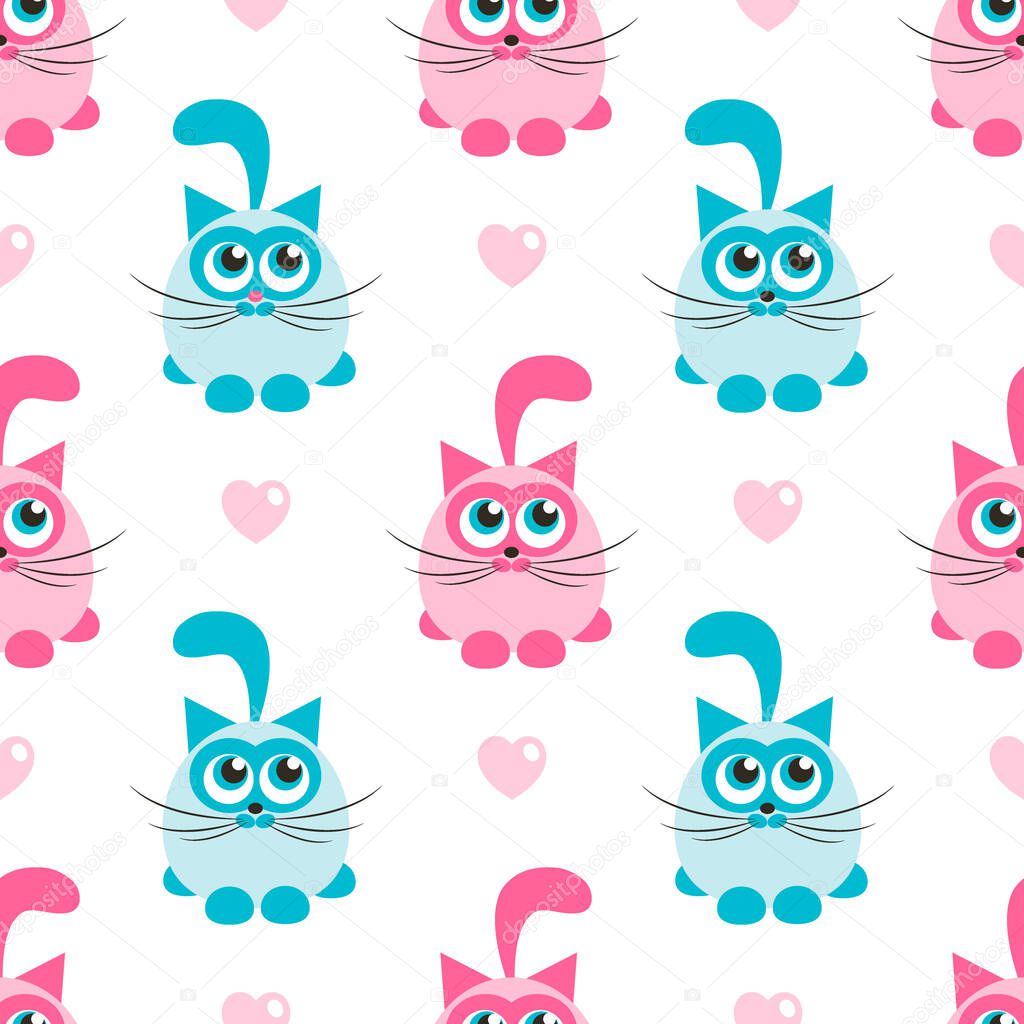 Seamless pattern with pink and blue cats