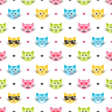 Renkli kedi kafaları ve kalpleri olan bir arka plan
