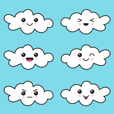 Mavi gökyüzünde farklı duyguları olan sevimli bulutlar.