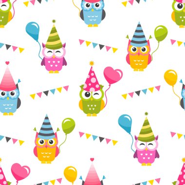 Baykuşlar, doğum günü partisi şapkaları ve çelenkleriyle kusursuz bir desen.