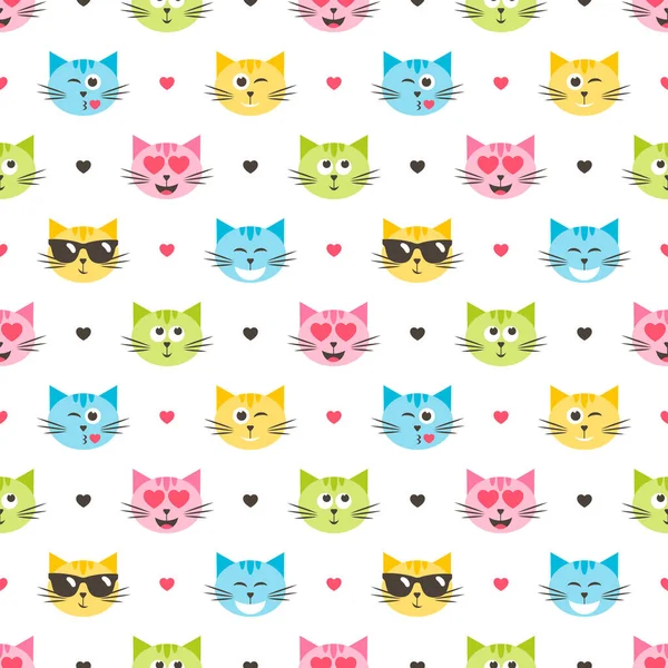 Background with colorful cat heads and hearts — Stock Vector