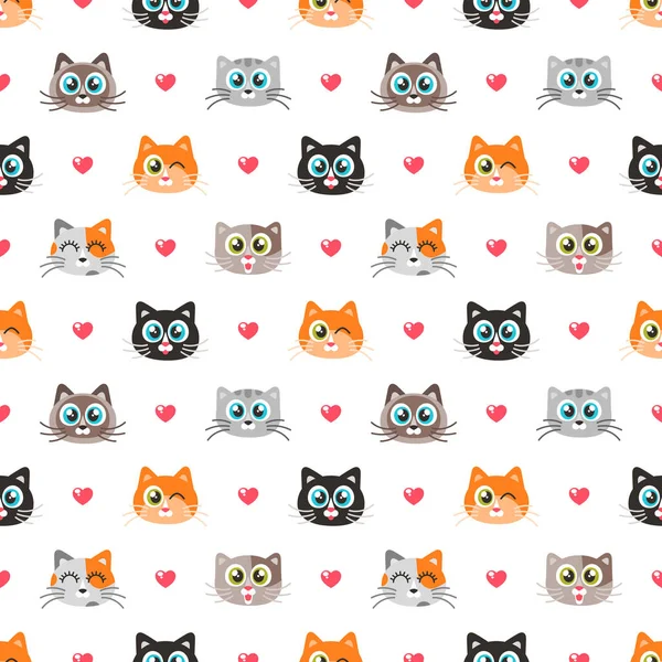 Απρόσκοπτη μοτίβο με αστεία γάτες και καρδιές — Διανυσματικό Αρχείο