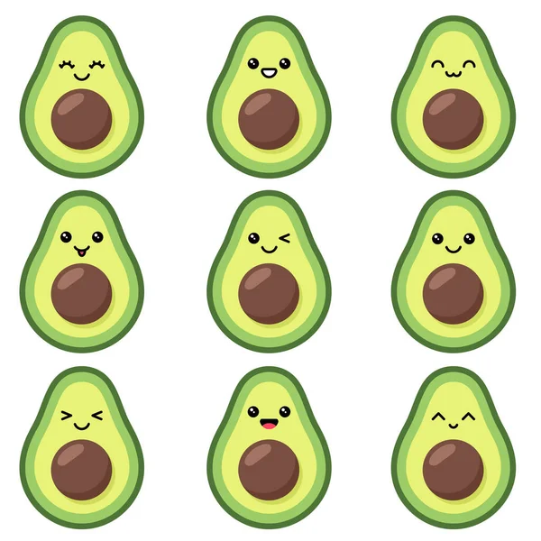 Kawaii süße Avocado Set mit Emotionen isoliert auf weiß — Stockvektor