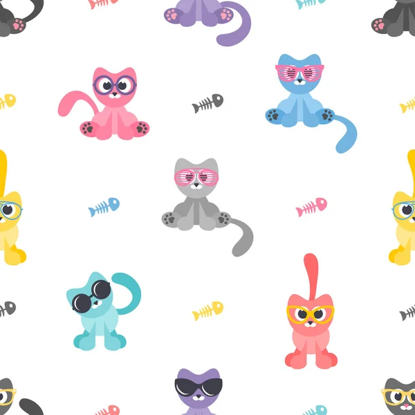 Seamless pattern with cats with sunglasses and fish bones Vector Graphics