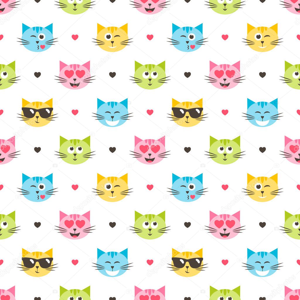 Background with colorful cat heads and hearts