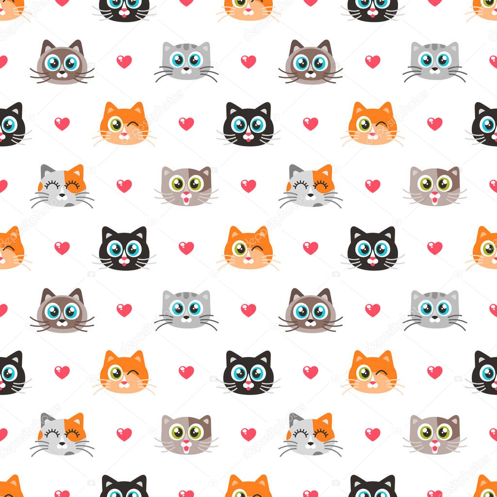 Seamless pattern with funny cats and hearts