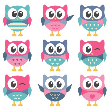 Sevimli renkli baykuşlar seti