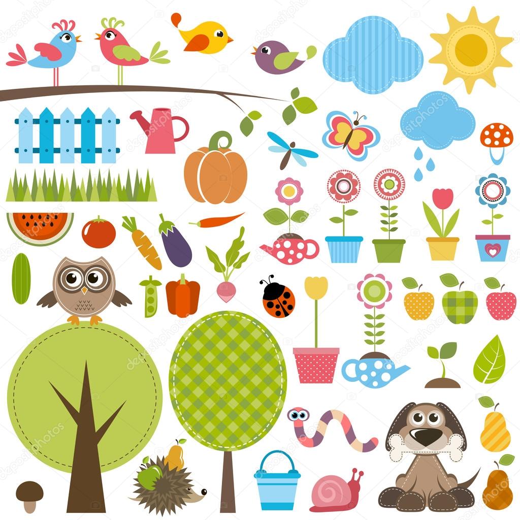 Garden set with birds, trees, flowers, vegetables and insects