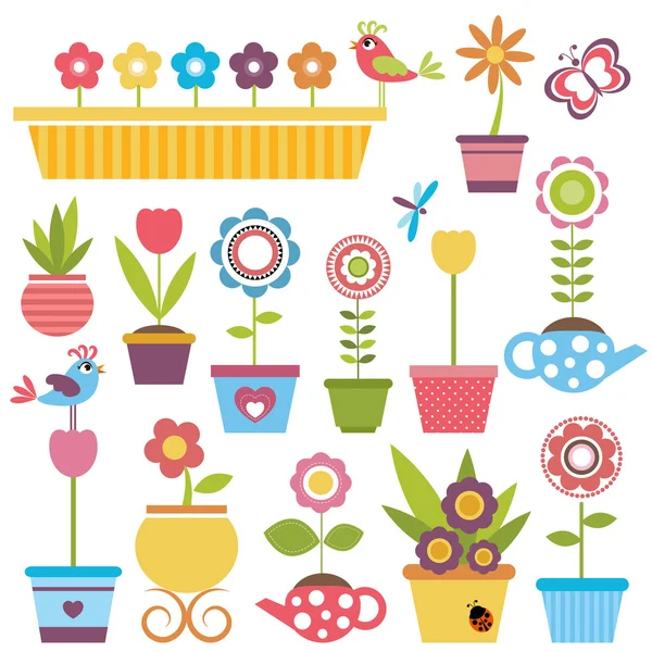 Cute spring colorful flowers in pots — Stock Vector
