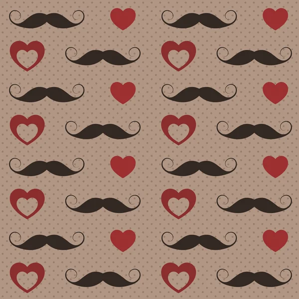 Patrón con bigotes y corazones — Vector de stock