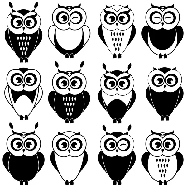 Set of black and white owls — Stock Vector