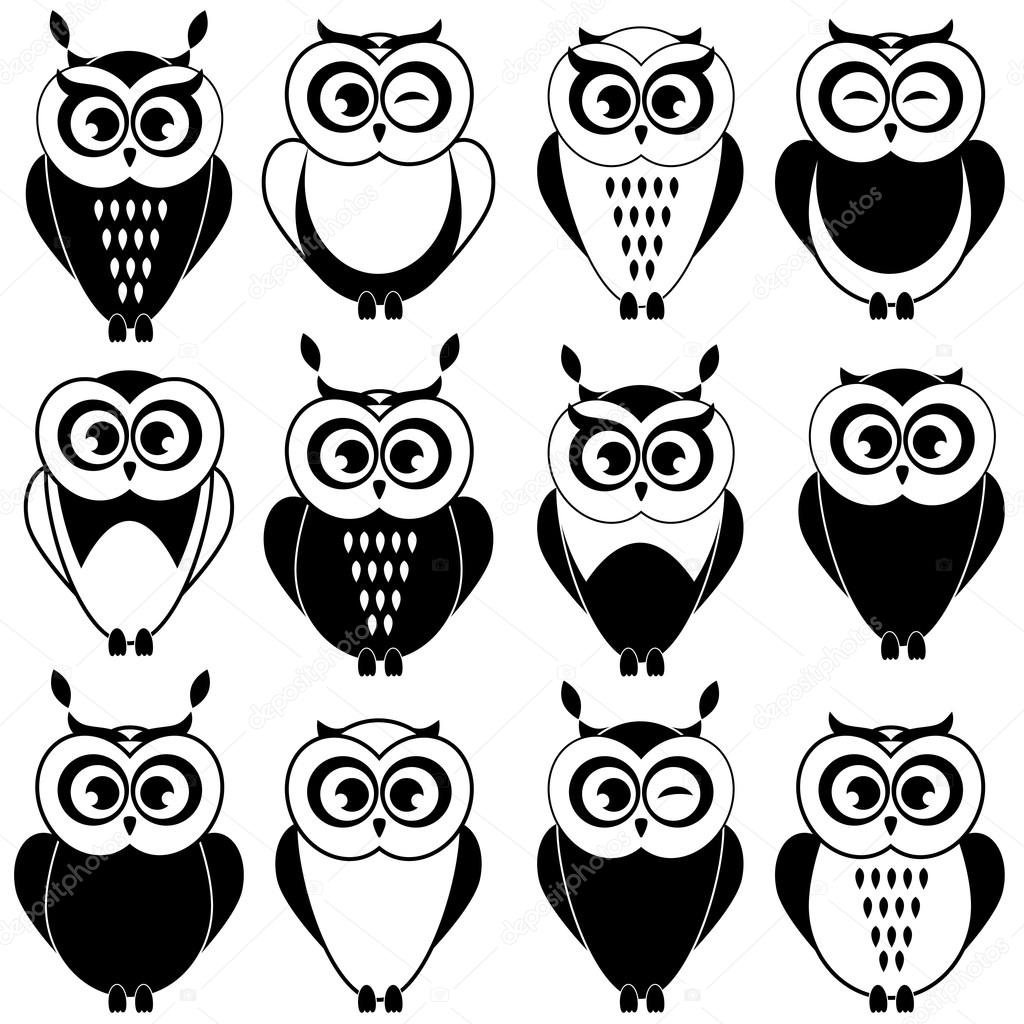 Set of black and white owls