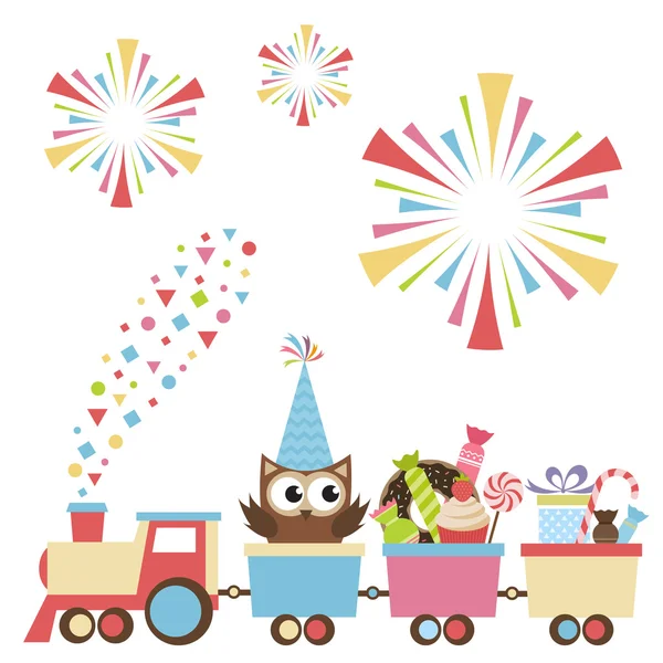 Trem de brinquedo de aniversário com coruja e doces — Vetor de Stock