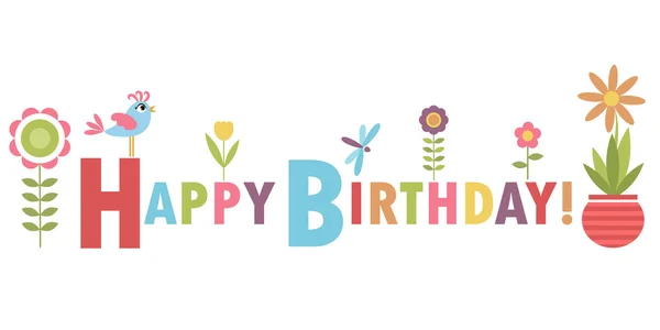 Открытка на день рождения с цветами и птицей — стоковый вектор