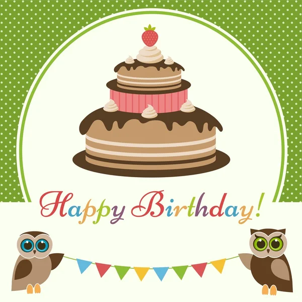 Открытка на день рождения с тортом и милыми совами — стоковый вектор