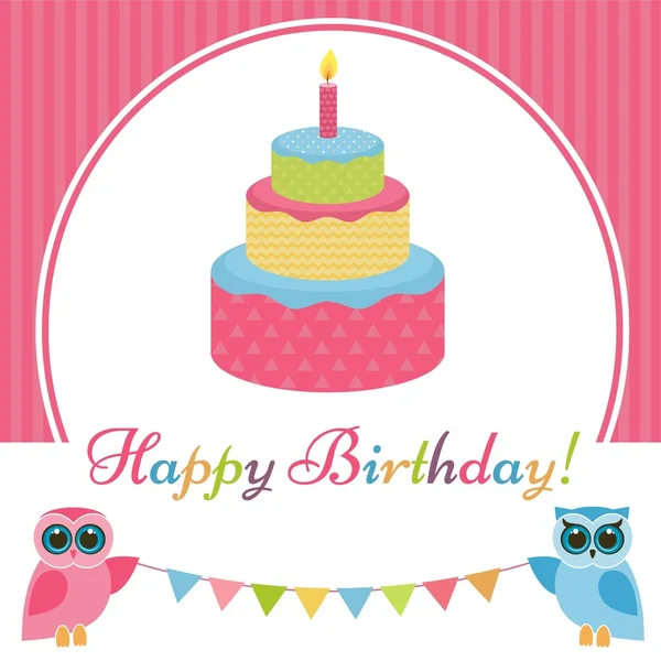 Cartão de aniversário com bolo e duas corujas —  Vetores de Stock