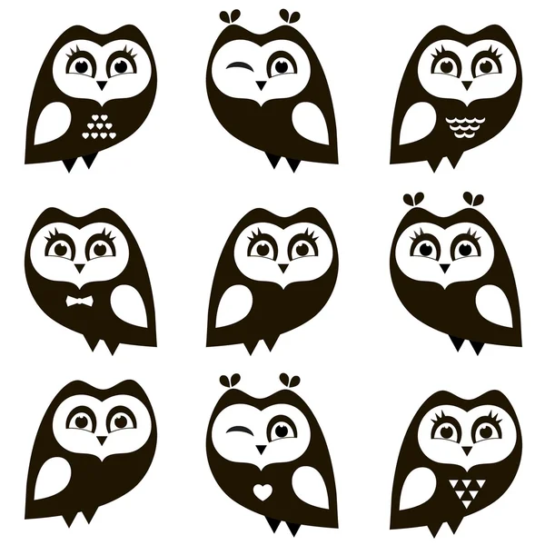 Black and white owls and owlets — Stock Vector