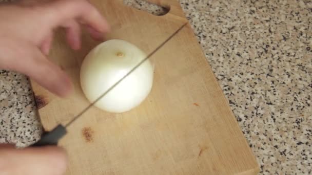 Cocine corta la cebolla en dos partes — Vídeo de stock