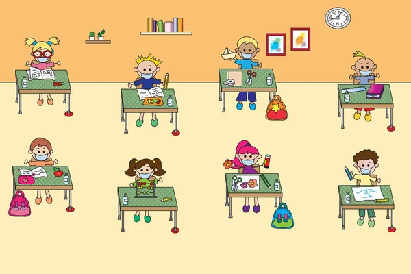 illustration of classroom, chilldren have a mask for covid19