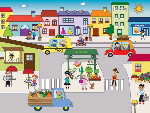 Illustration Der Stadt Mit Haus Geschäft Und Autos — Stockfoto