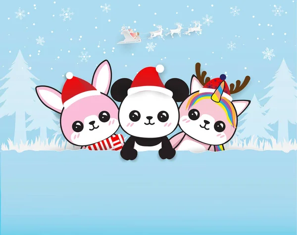 可爱的兔子 熊猫和独角兽在森林相遇 圣诞佳节 过年快乐 — 图库矢量图片