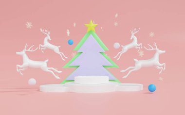 Soyut Noel sahnesinin üç boyutlu görüntüsü pembe arka plan ve beyaz ren geyikli beyaz podyum. Kış tatili için pastel arka planda şirin bir Noel ve mutlu yıllar.