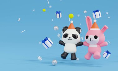 Üç boyutlu hayvan atlayışı ve dört hediye kutusu ve kar tanesiyle mutlu olmak. Tema Mutlu Noeller ve mutlu yıllar.