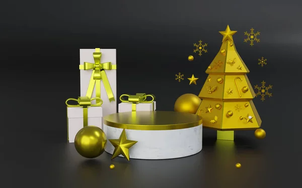 Rendering Astratto Sfondo Nero Oro Bianco Tema Podio Premium Natale — Foto Stock