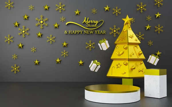 Rendering Abstract Black Background Gold White Podium Theme Premium Christmas — Stock Photo, Image